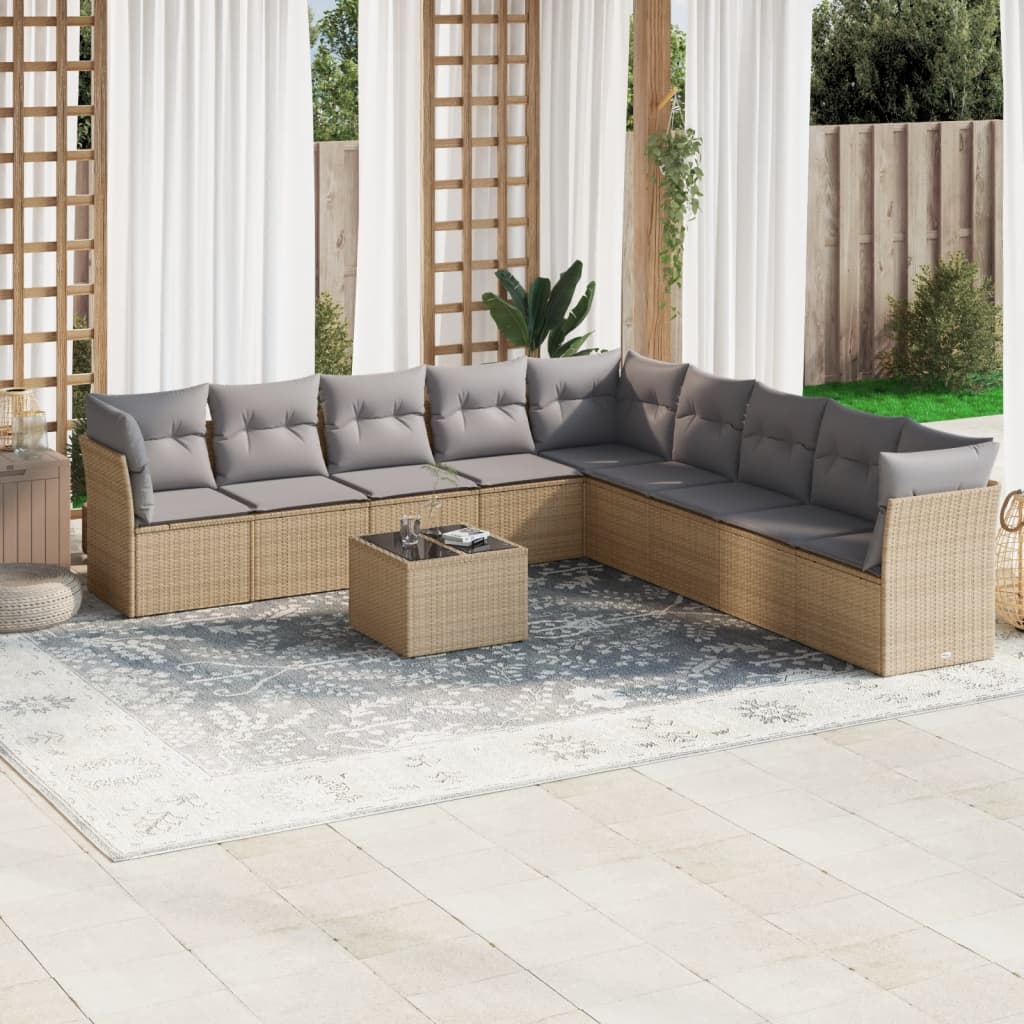 10-delige Loungeset met kussens poly rattan beige