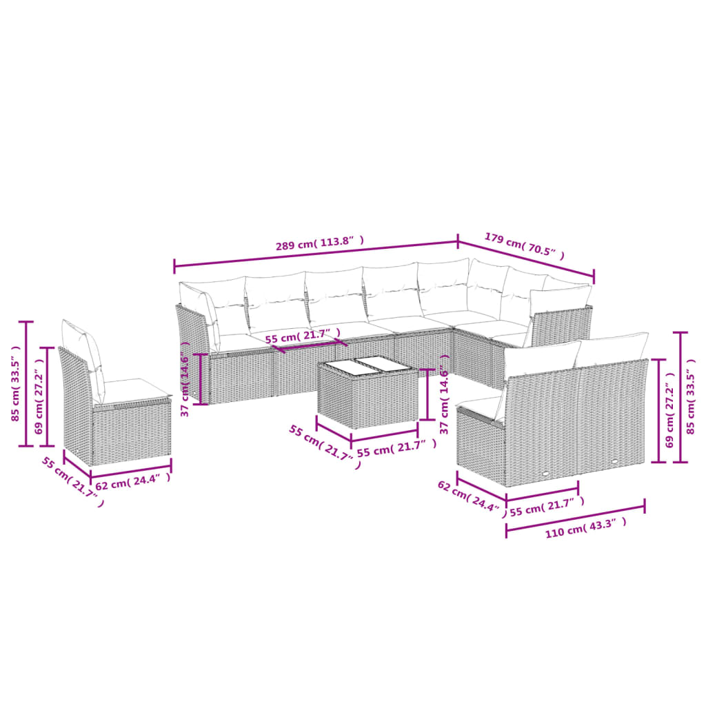 11-delige Loungeset met kussens poly rattan zwart