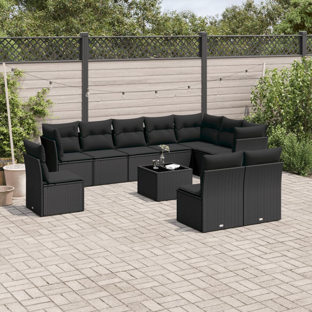 11-delige Loungeset met kussens poly rattan zwart