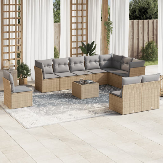 11-delige Tuinset met kussens poly rattan beige