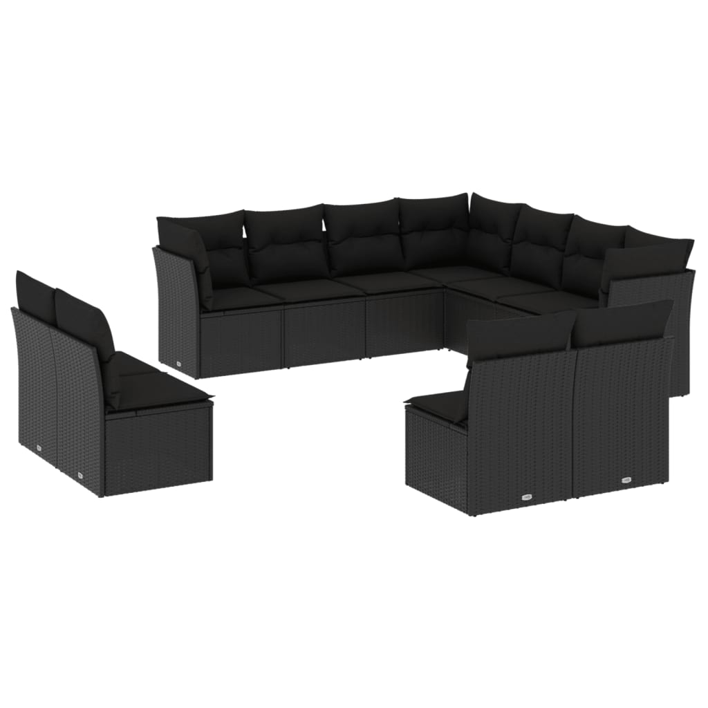 11-delige Loungeset met kussens poly rattan zwart