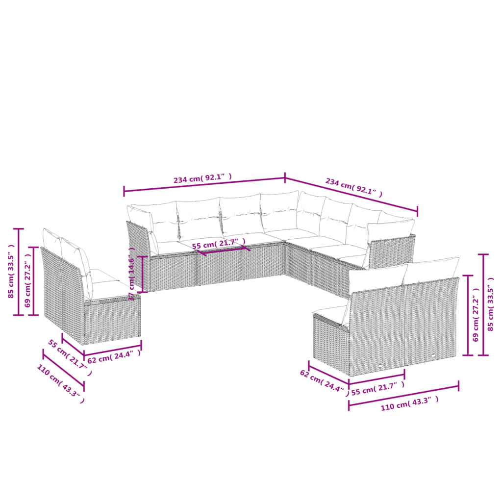 11-delige Loungeset met kussens poly rattan zwart