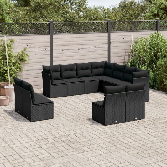 11-delige Loungeset met kussens poly rattan zwart