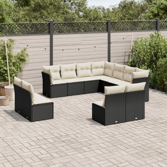 11-delige Loungeset met kussens poly rattan zwart