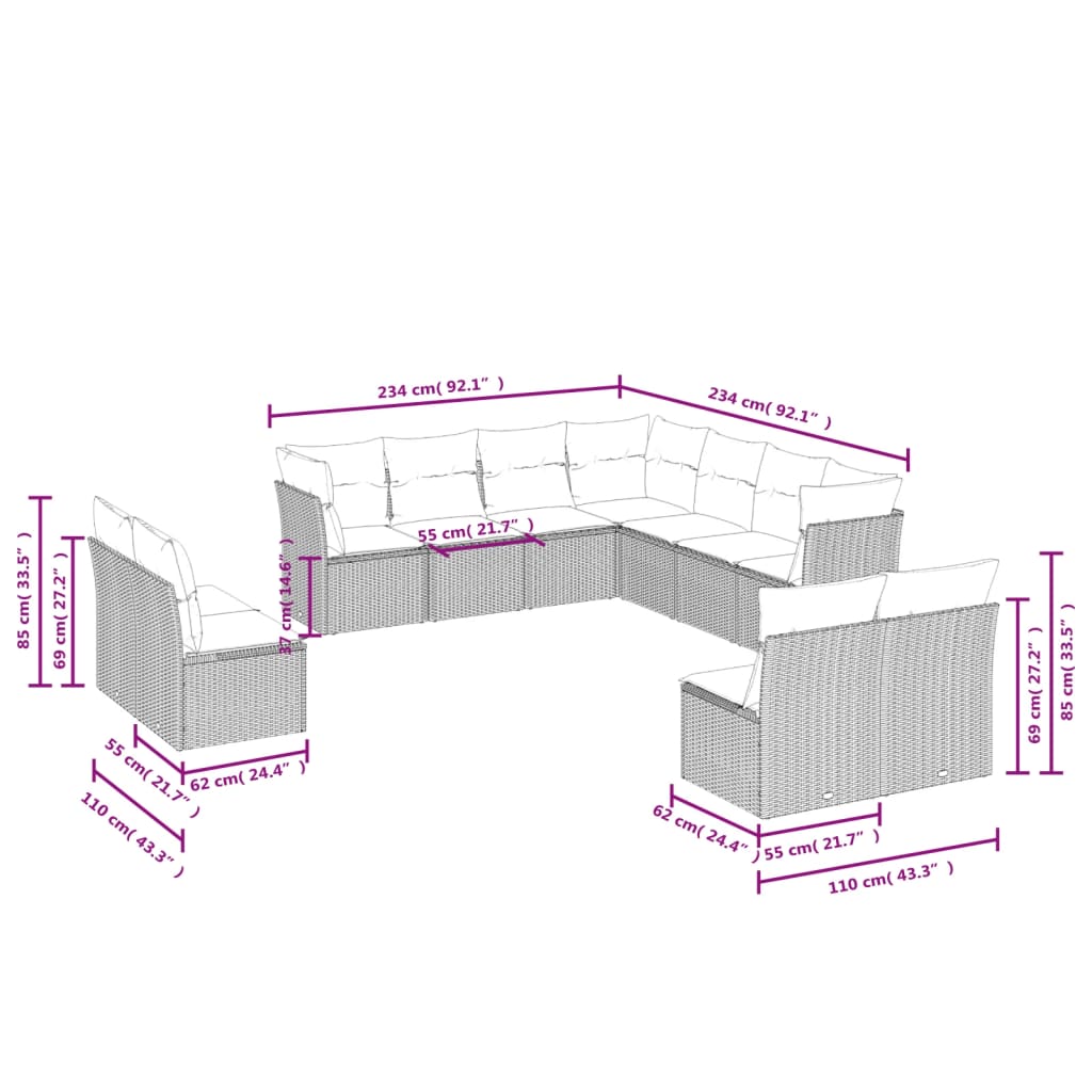 11-delige Loungeset met kussens poly rattan lichtgrijs