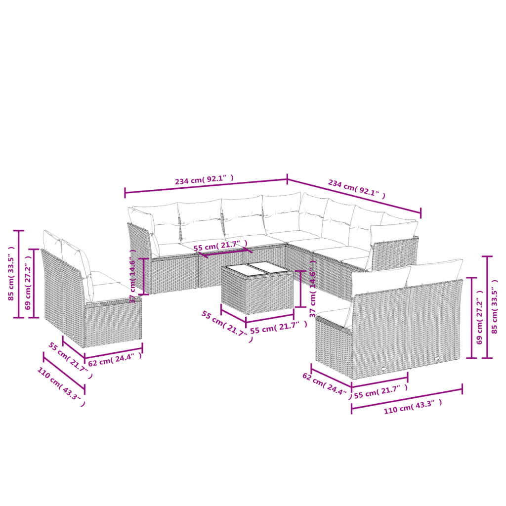 12-delige Loungeset met kussens poly rattan lichtgrijs