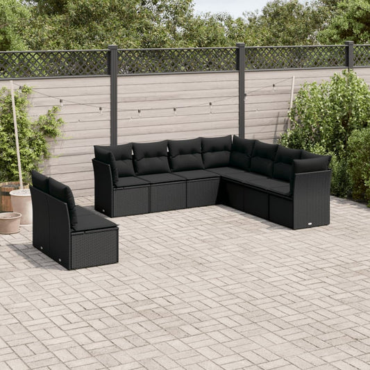 9-delige Loungeset met kussens poly rattan zwart