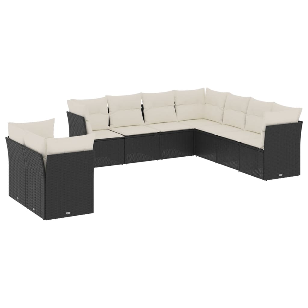 9-delige Loungeset met kussens poly rattan zwart