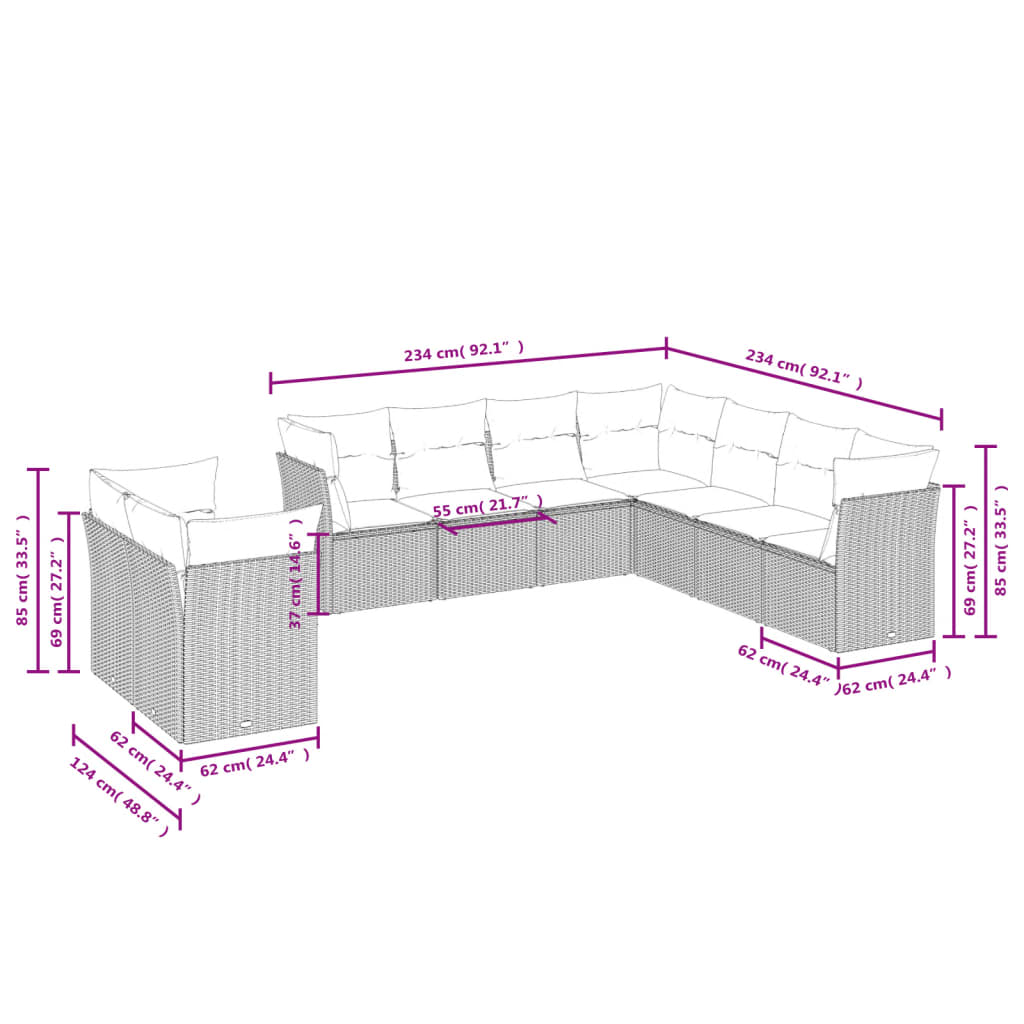 9-delige Loungeset met kussens poly rattan zwart