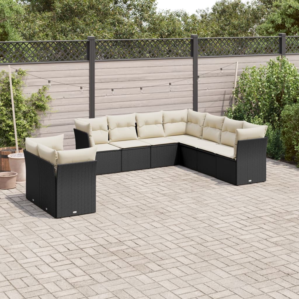 9-delige Loungeset met kussens poly rattan zwart