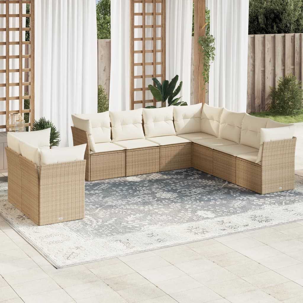 9-delige Loungeset met kussens poly rattan beige