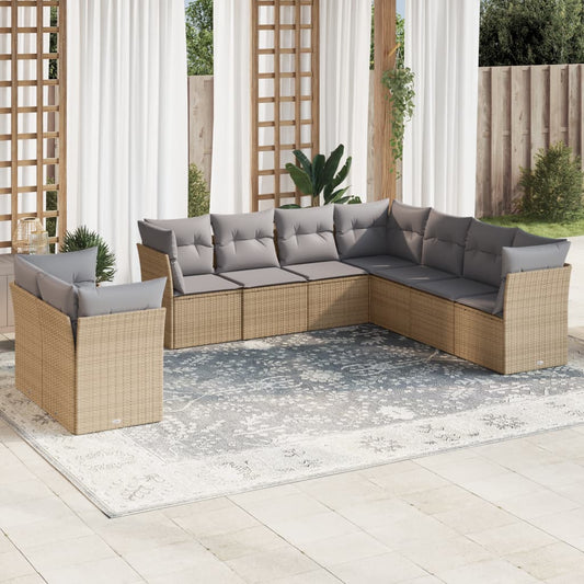 9-delige Loungeset met kussens poly rattan beige