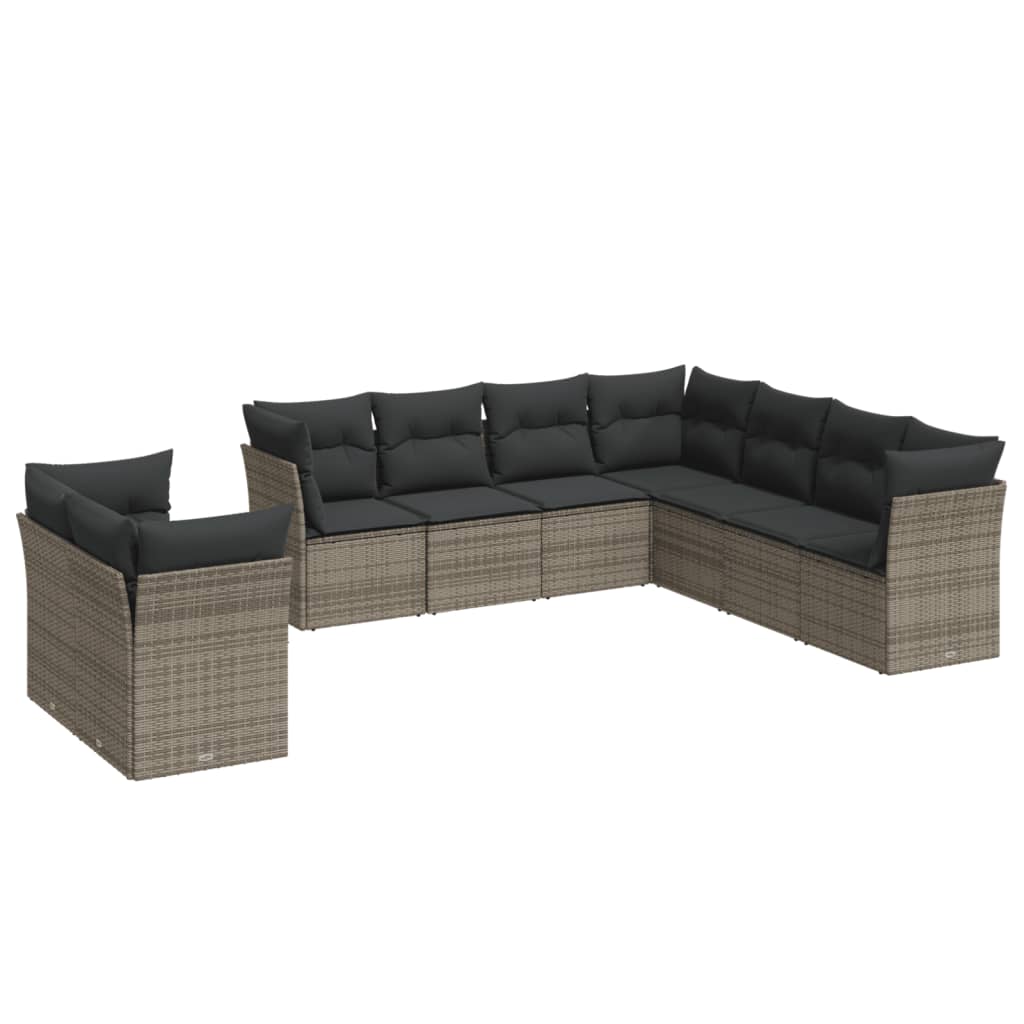 9-delige Loungeset met kussens poly rattan grijs