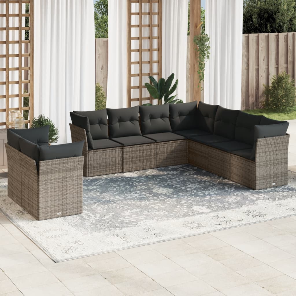 9-delige Loungeset met kussens poly rattan grijs