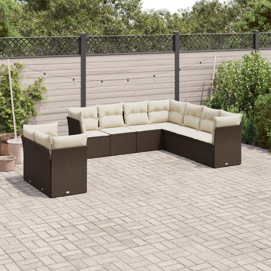 9-delige Loungeset met kussens poly rattan bruin