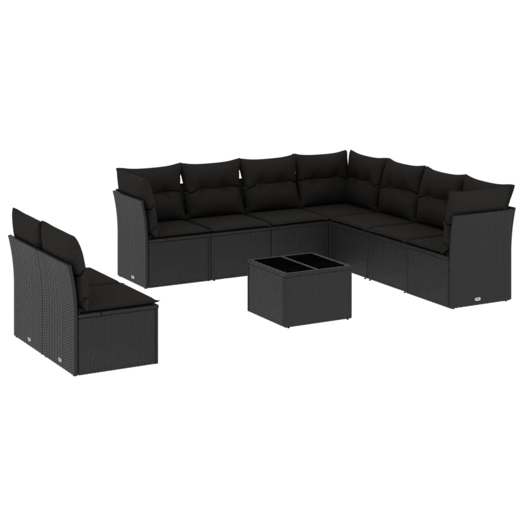 10-delige Loungeset met kussens poly rattan zwart