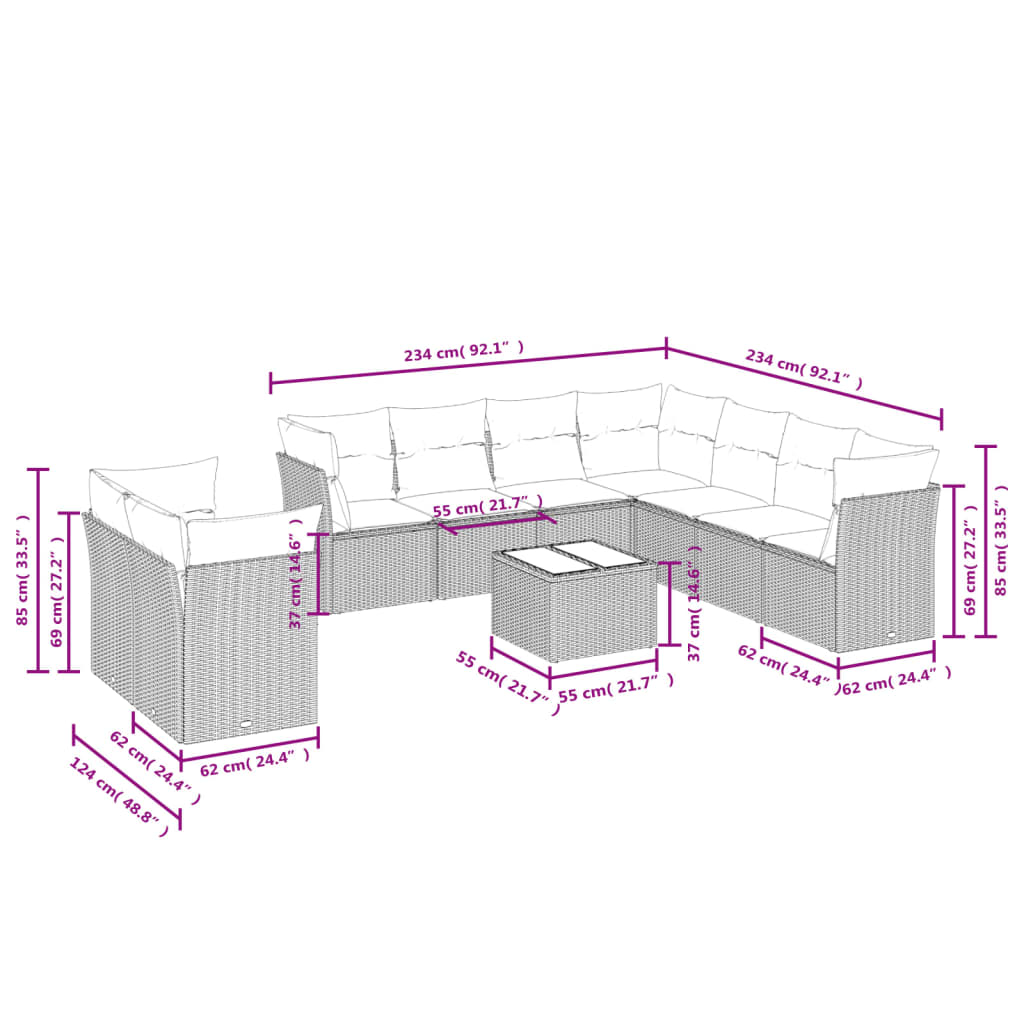 10-delige Loungeset met kussens poly rattan zwart