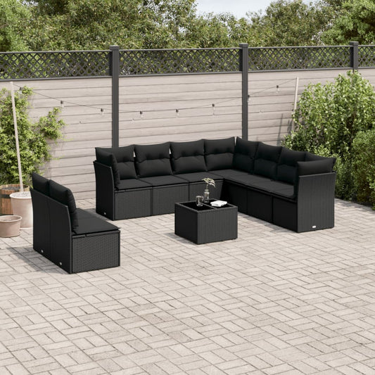 10-delige Loungeset met kussens poly rattan zwart