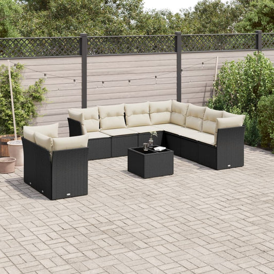 10-delige Loungeset met kussens poly rattan zwart