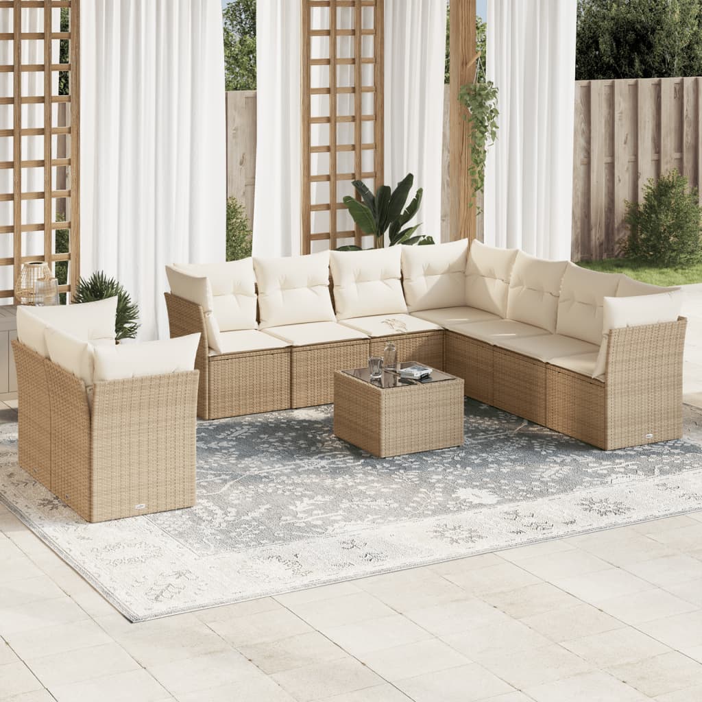 10-delige Loungeset met kussens poly rattan beige