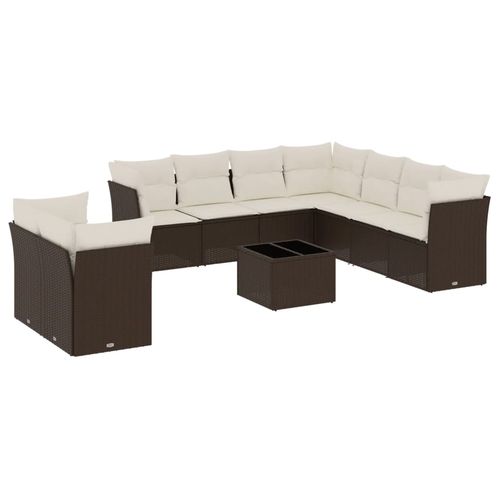 10-delige Loungeset met kussens poly rattan bruin