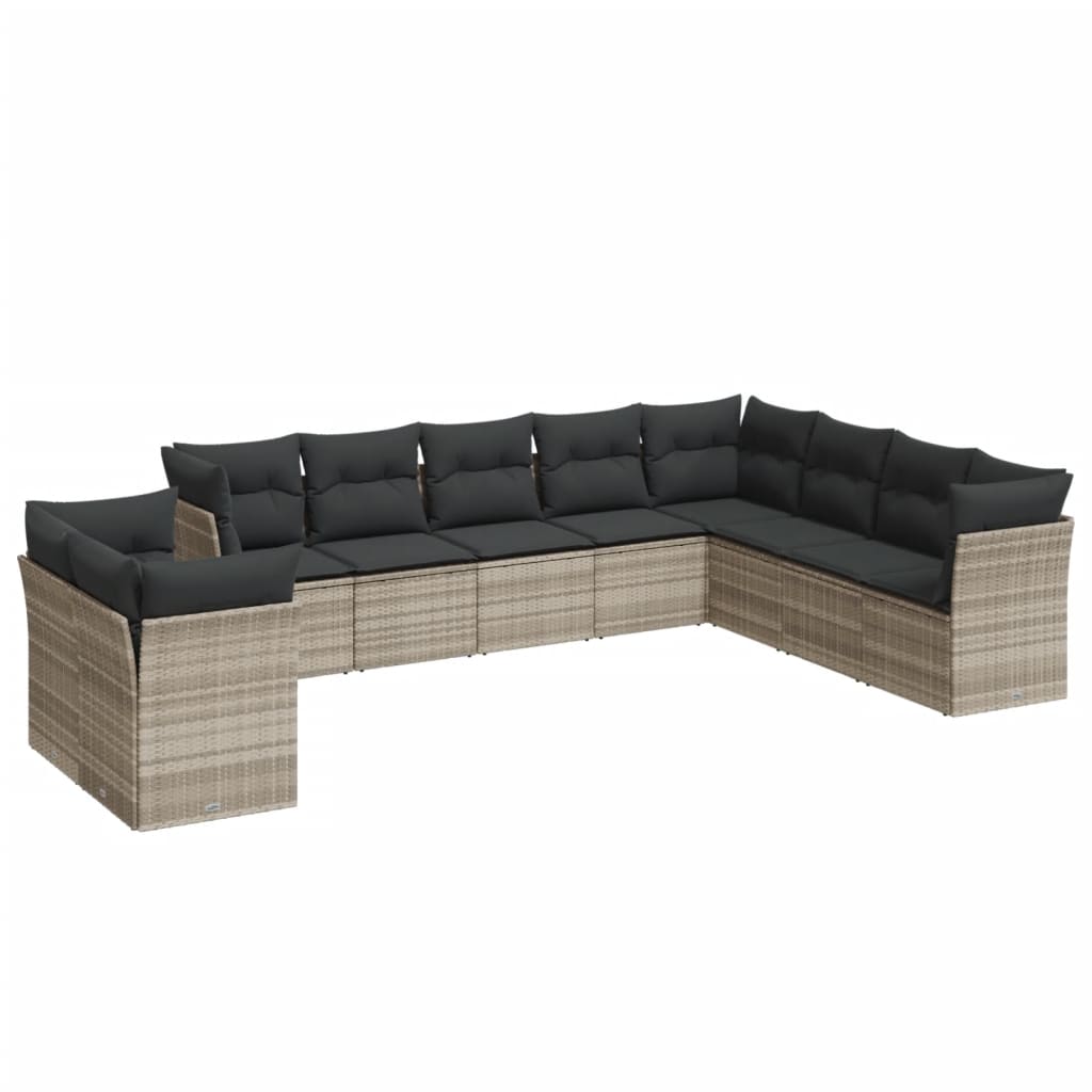 10-delige Loungeset met kussens poly rattan lichtgrijs