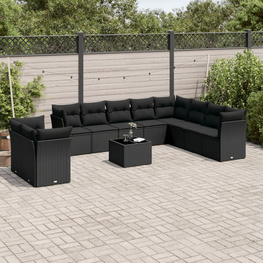 11-delige Loungeset met kussens poly rattan zwart