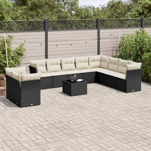 11-delige Loungeset met kussens poly rattan zwart