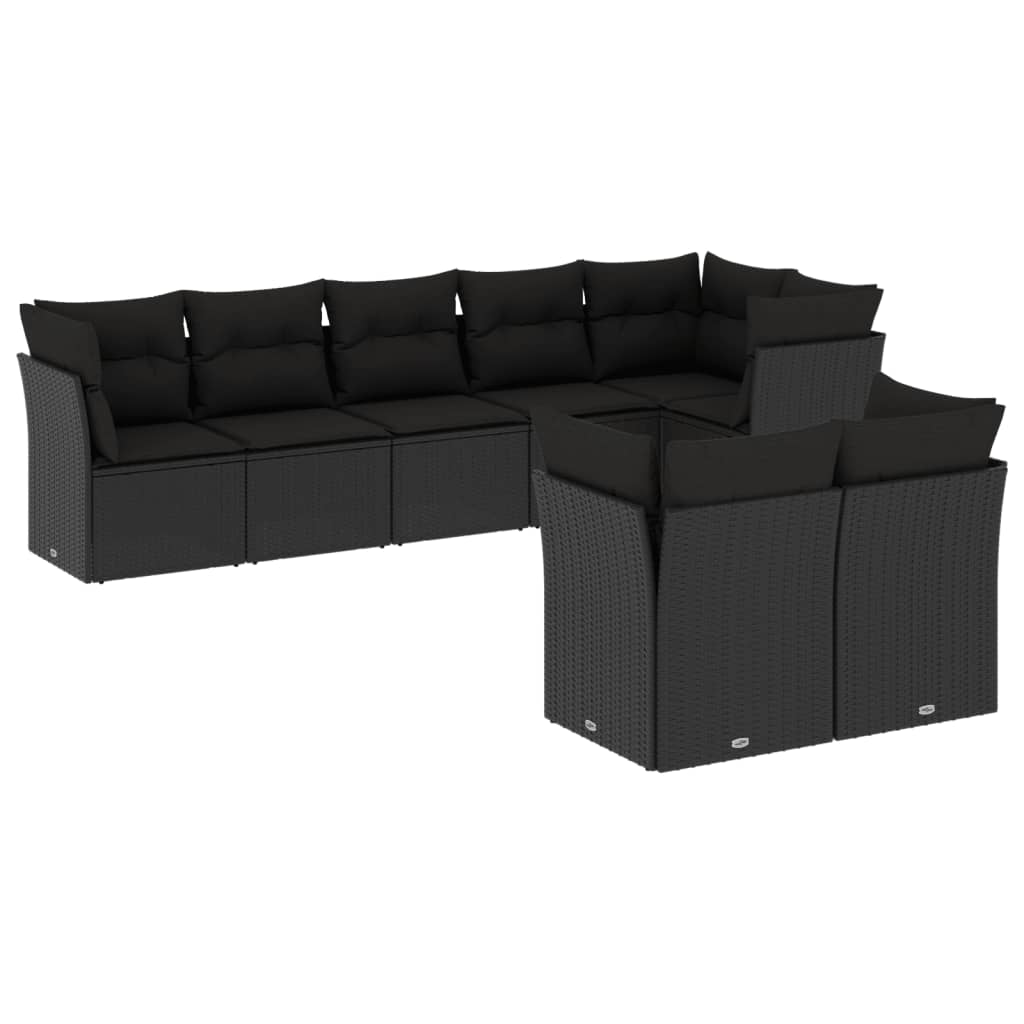 8-delige Loungeset met kussens poly rattan zwart