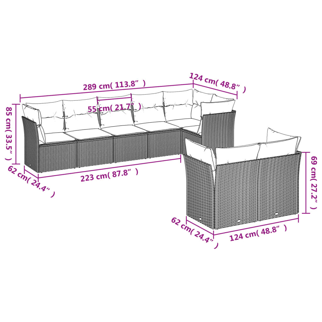 8-delige Loungeset met kussens poly rattan zwart