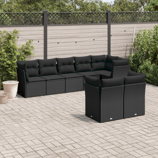 8-delige Loungeset met kussens poly rattan zwart