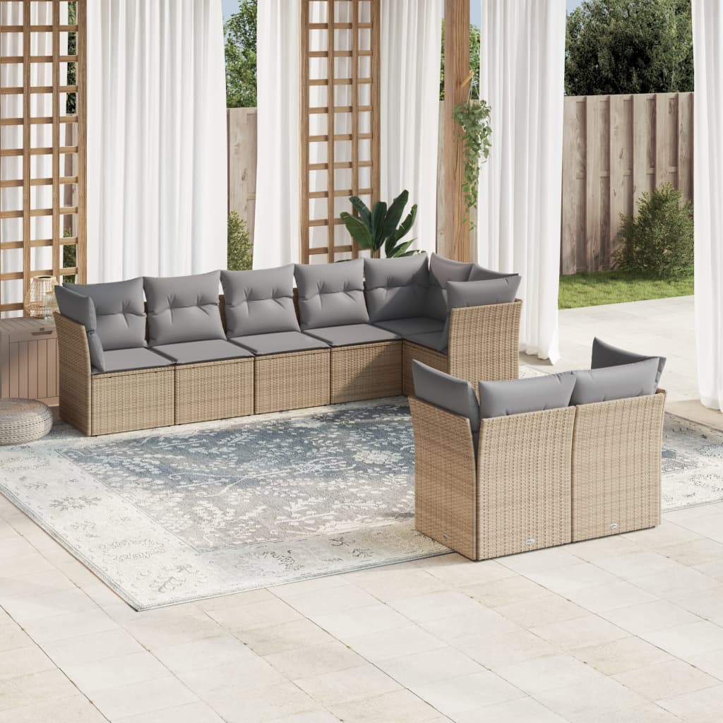 8-delige Loungeset met kussens poly rattan beige