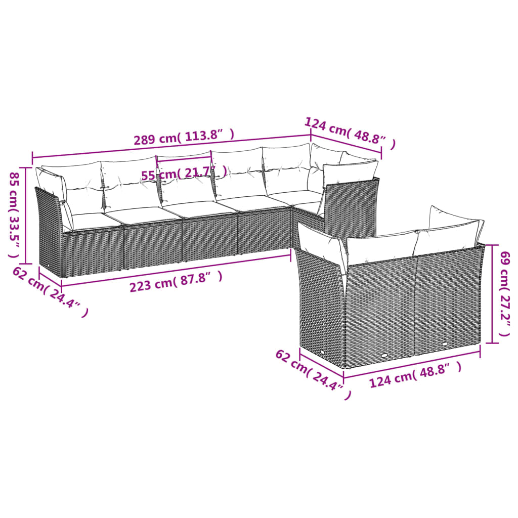 8-delige Loungeset met kussens poly rattan bruin