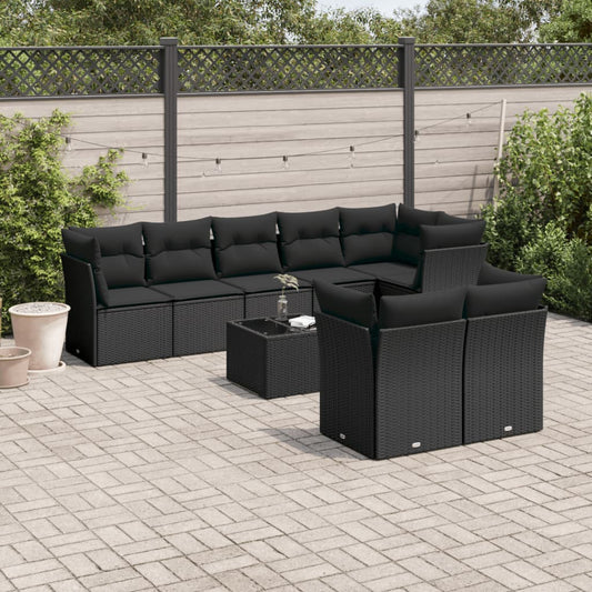 9-delige Loungeset met kussens poly rattan zwart