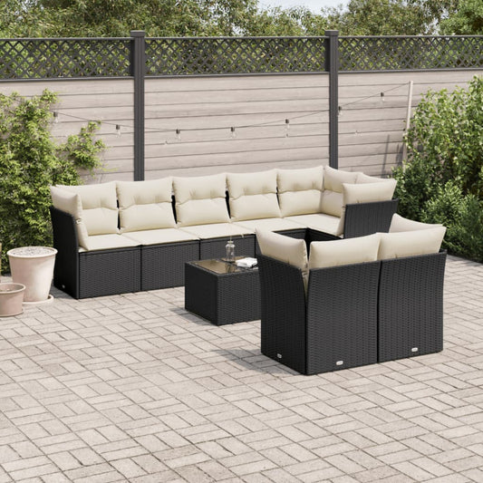 9-delige Loungeset met kussens poly rattan zwart