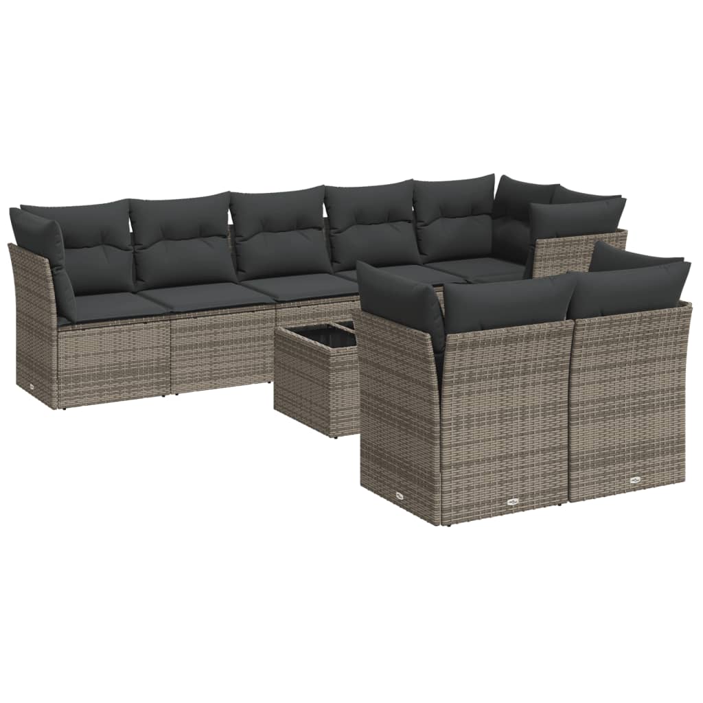 9-delige Loungeset met kussens poly rattan grijs