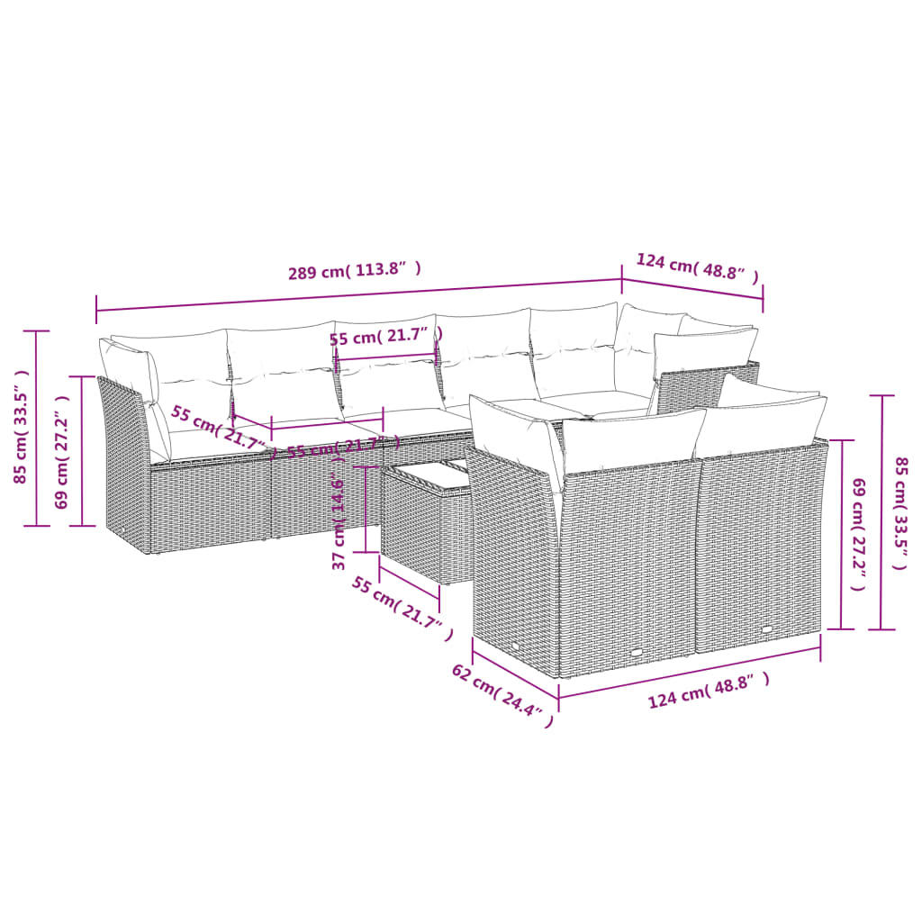 9-delige Loungeset met kussens poly rattan grijs