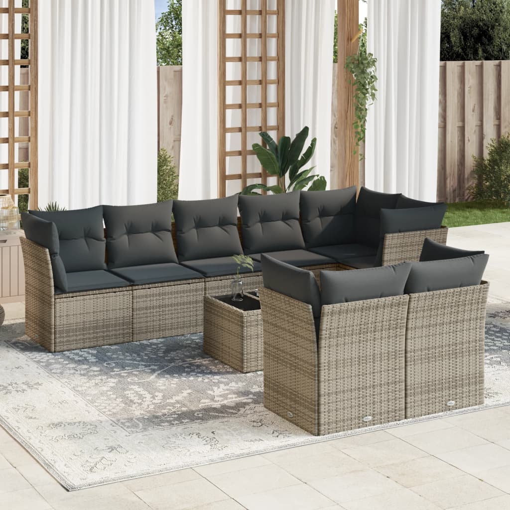 9-delige Loungeset met kussens poly rattan grijs