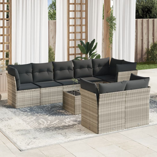 9-delige Loungeset met kussens poly rattan lichtgrijs