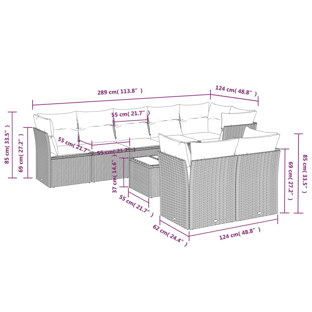 9-delige Loungeset met kussens poly rattan bruin