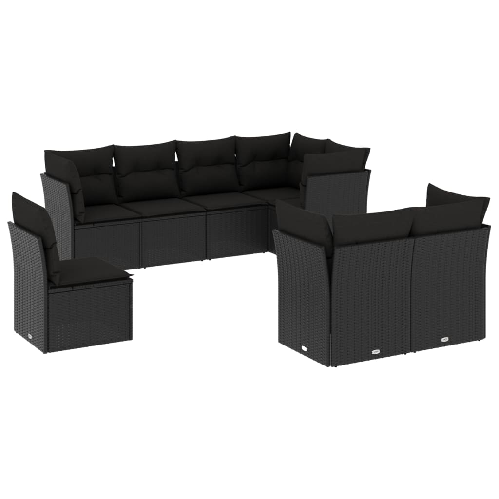 8-delige Loungeset met kussens poly rattan zwart