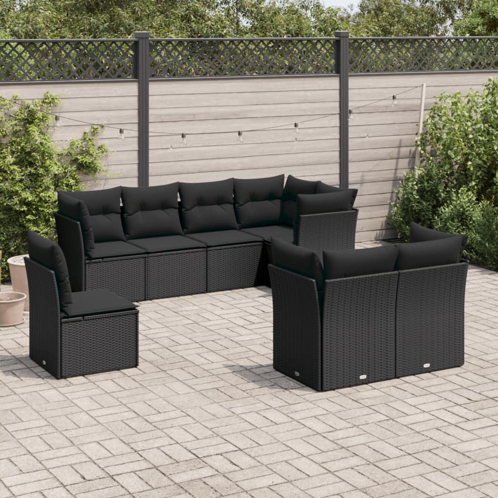 8-delige Loungeset met kussens poly rattan zwart