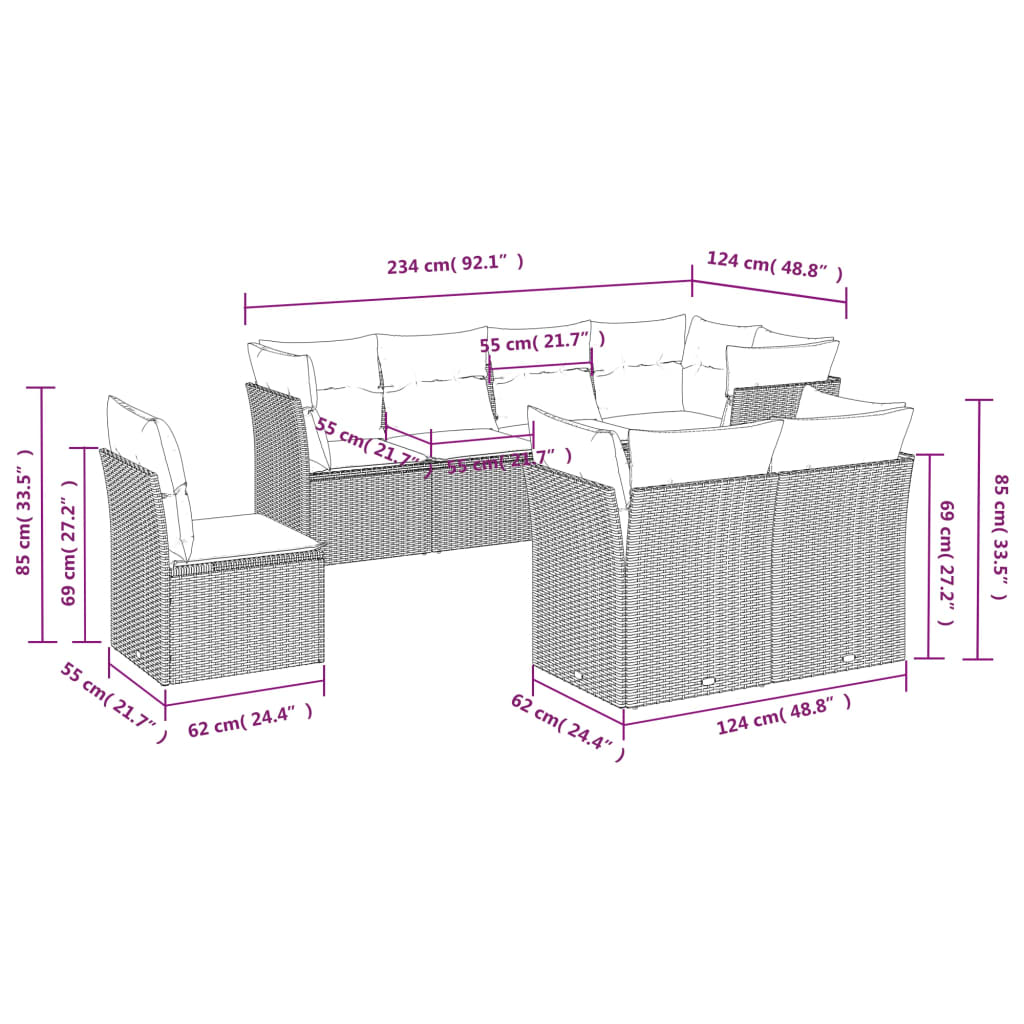 8-delige Loungeset met kussens poly rattan beige