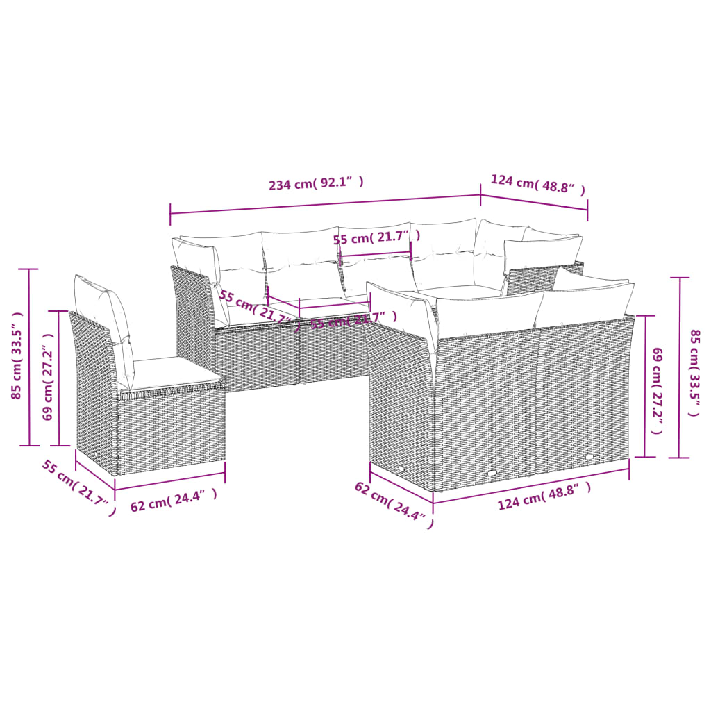 8-delige Loungeset met kussens poly rattan grijs