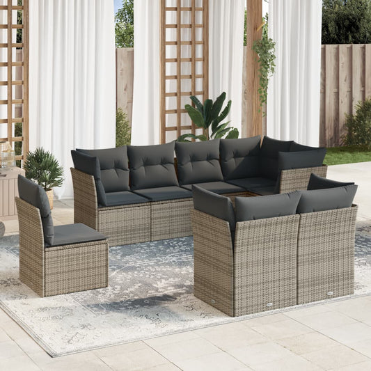 8-delige Loungeset met kussens poly rattan grijs