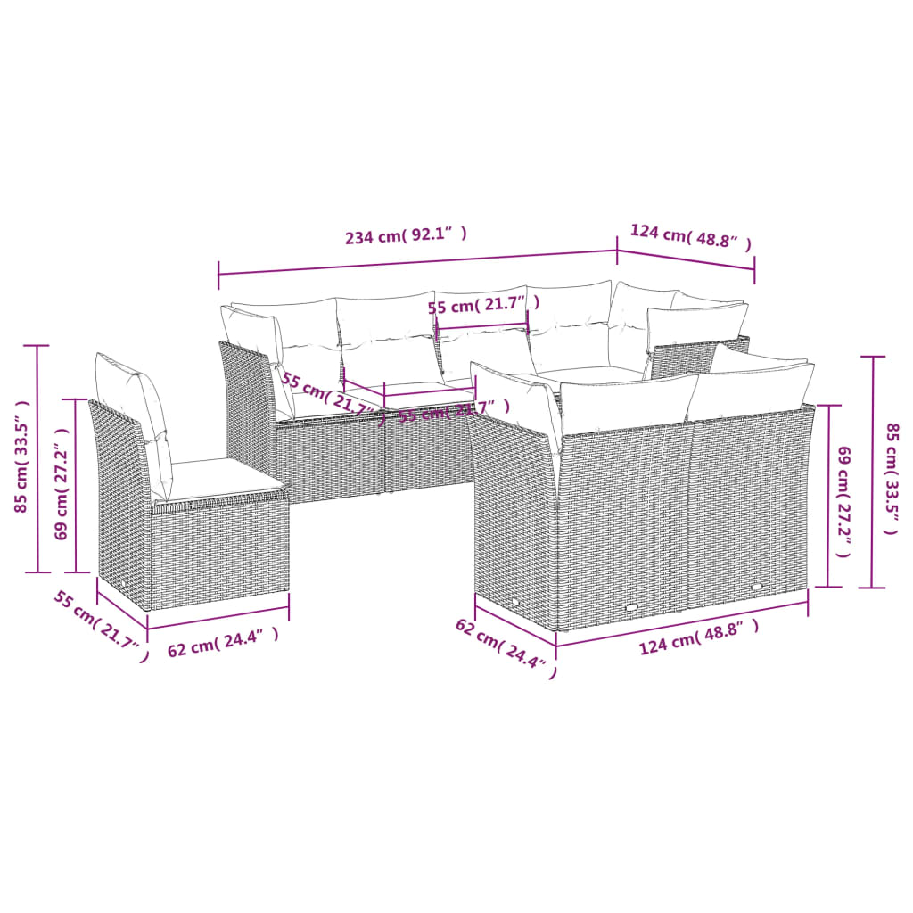 8-delige Loungeset met kussens poly rattan bruin