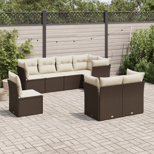 8-delige Loungeset met kussens poly rattan bruin