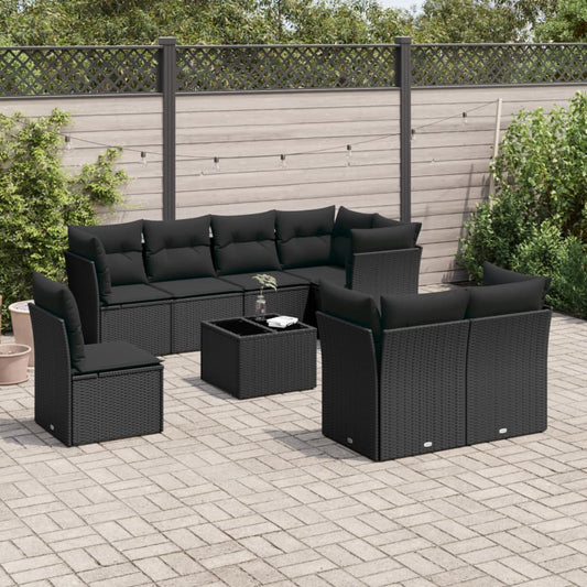 9-delige Loungeset met kussens poly rattan zwart