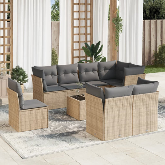 9-delige Loungeset met kussens poly rattan beige