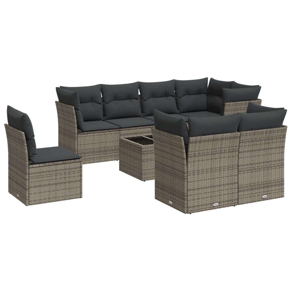 9-delige Loungeset met kussens poly rattan grijs